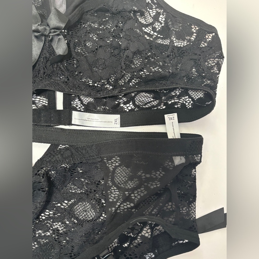 Black floral mesh lace Bra & Panty set moc turtleneck Lingerie Sexy Goth SZ 2X - Picture 4 of 4